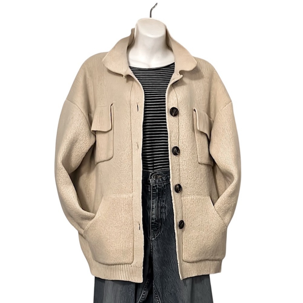 Beige Neutral Knit Utility Style Button Drop Shoulder Preppy Cardigan Sweater M